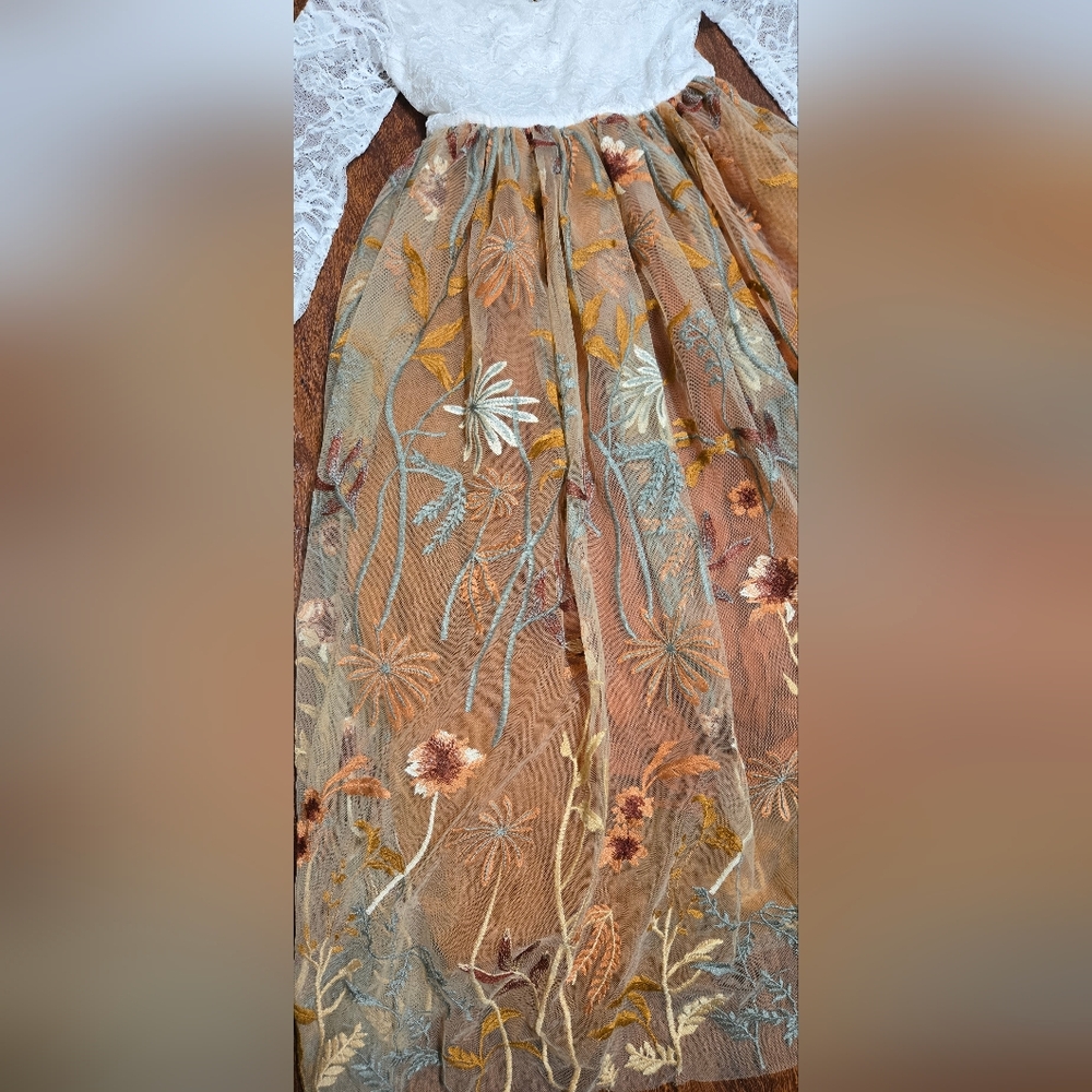 Rustic Burnt Orange Embroidered Flower Girl Dress with Chantilly Lace - Picture 6 of 7
